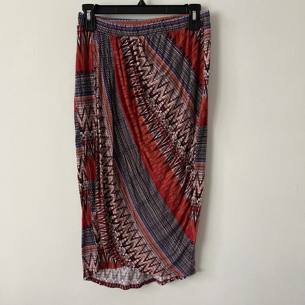 Women's Multicolor Geo Print Midi Wrap Skirt Small Boho Chic Tribal Aztec Casual